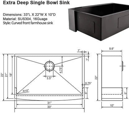 Gold Farmhouse Single Bowl Stainless steel Apron Sink