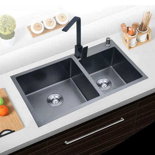 Double Satin Black Kitchen Sink with Drying Rack