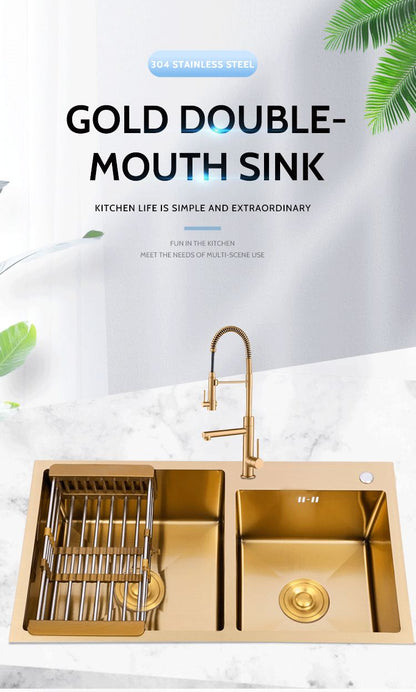 Double Gold Kitchen Sink with Drying Rack