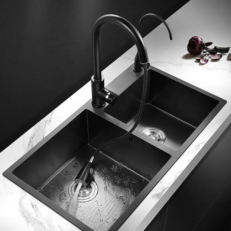 Double Satin Black Kitchen Sink with Drying Rack
